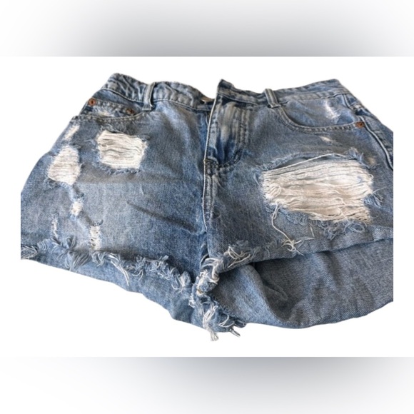 Blue Distressed Jean Shorts with Cut-Off Hem - Picture 1 of 3